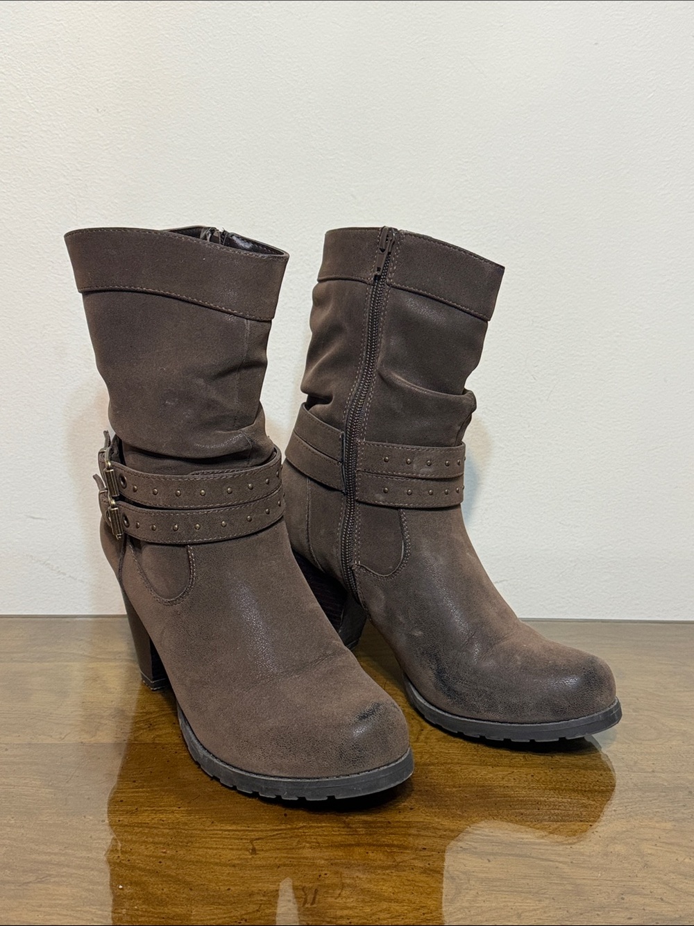 Maurices Brown Mid-Calf Studded Strap Heeled Boots